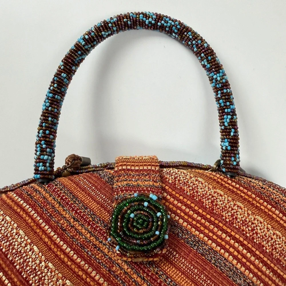 Beaded Floral Top Handle Bag Small Boho Eclectic Multicolor Purse‎